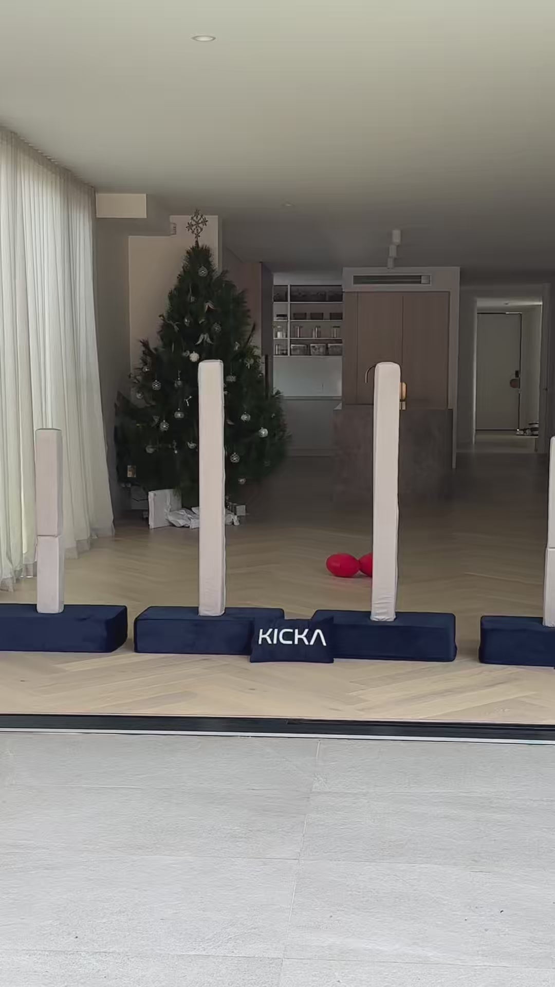 Video showing the Kicka Couch converting from couch mode into indoor footy goals.
